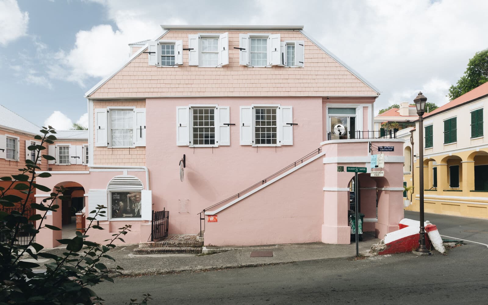 The pink Danish colonial building at 53 King Street