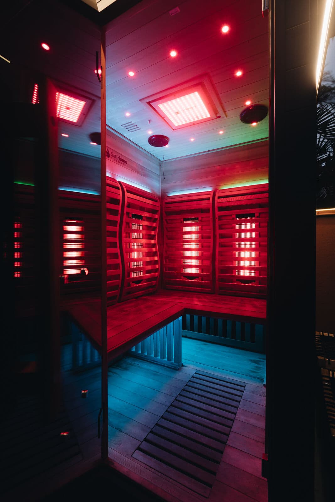 Infrared sauna lit in red