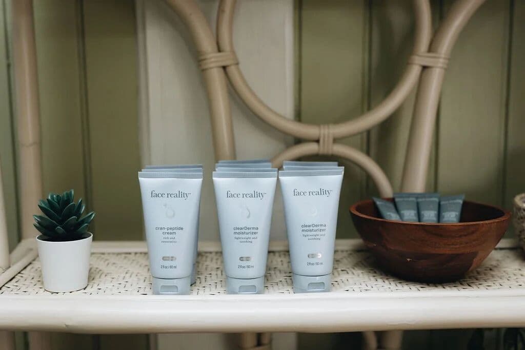 Face Reality products on a rattan shelf